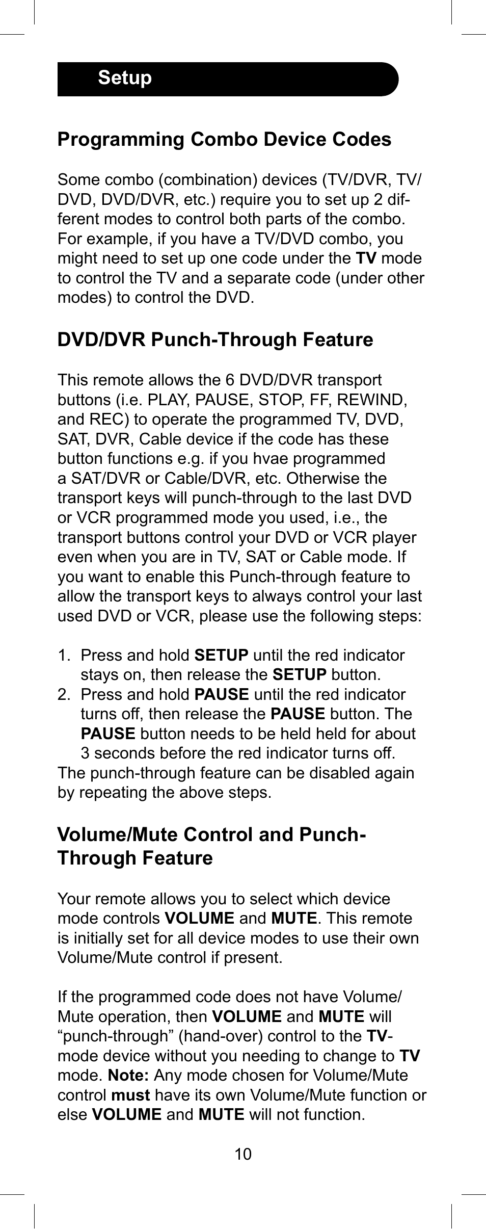 Programming combo device codes, Dvd/dvr punch-through feature, Volume/mute control and punch- through feature | Setup | GE Capital 24959 User Manual | Page 10 / 20