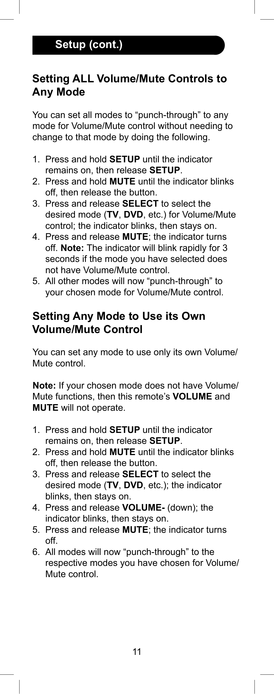 Setting all volume/mute controls to any mode, Setup (cont.) | GE Capital 24959 User Manual | Page 11 / 20