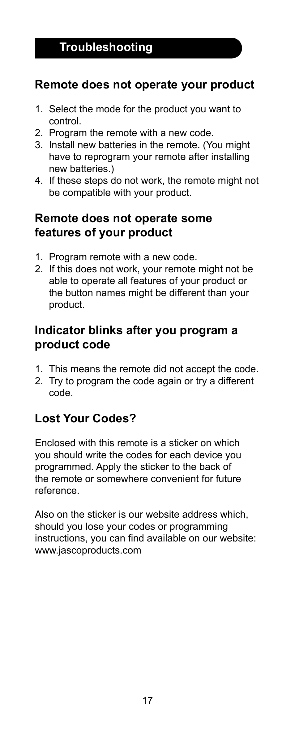 Indicator blinks after you program a product code, Lost your codes | GE Capital 24959 User Manual | Page 17 / 20