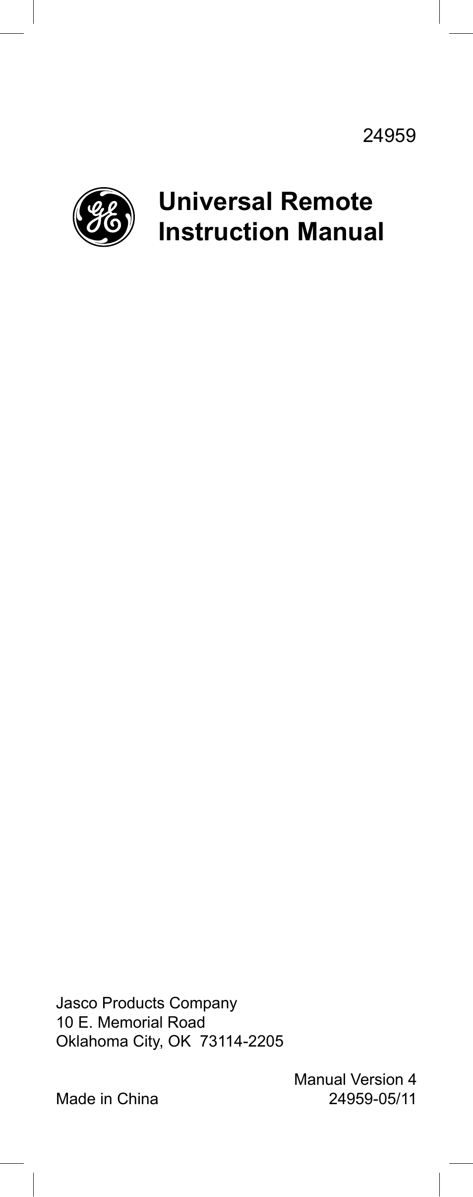 Universal remote instruction manual | GE Capital 24959 User Manual | Page 20 / 20