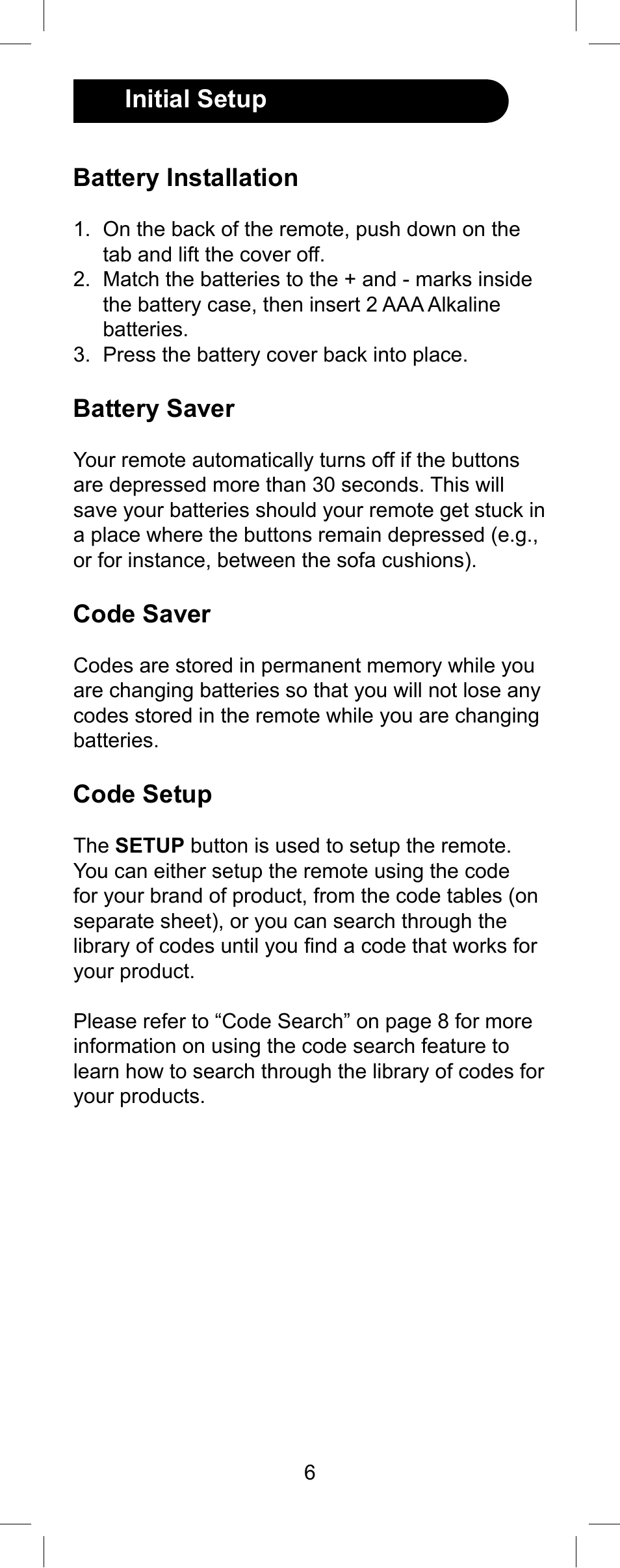 Initial setup battery installation, Battery saver, Code saver | Code setup | GE Capital 24959 User Manual | Page 6 / 20