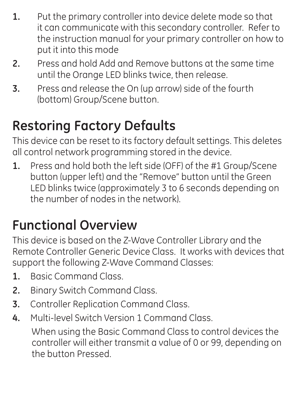 Restoring factory defaults, Functional overview | GE 45631 GE Z-Wave Wireless Keypad Controller User Manual | Page 14 / 20