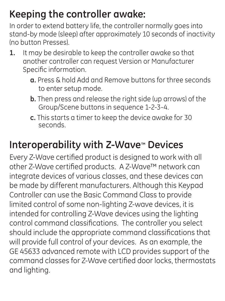 Keeping the controller awake, Interoperability with z-wave, Devices | GE 45631 GE Z-Wave Wireless Keypad Controller User Manual | Page 15 / 20