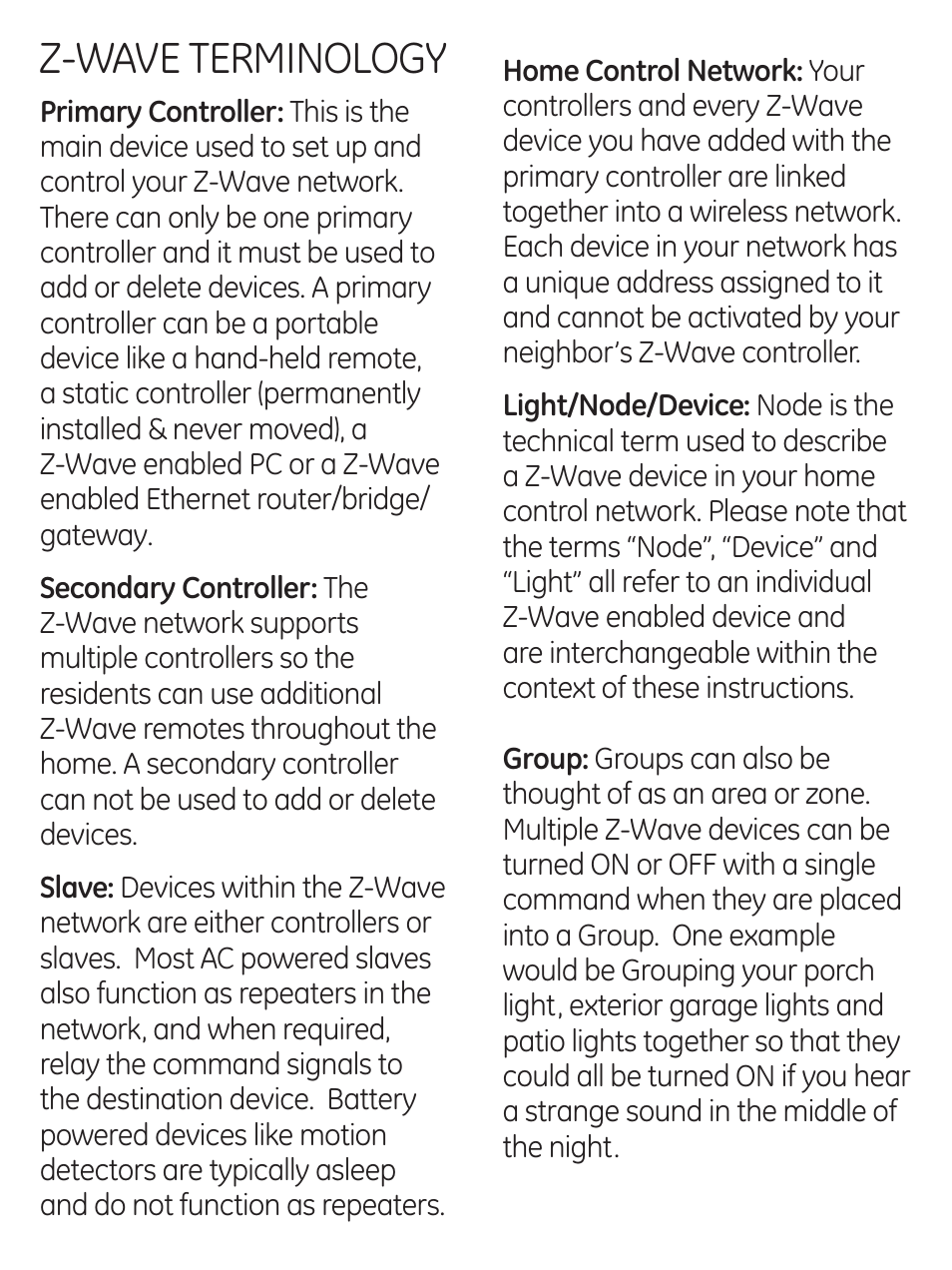 Z-wave terminology | GE 45631 GE Z-Wave Wireless Keypad Controller User Manual | Page 4 / 20