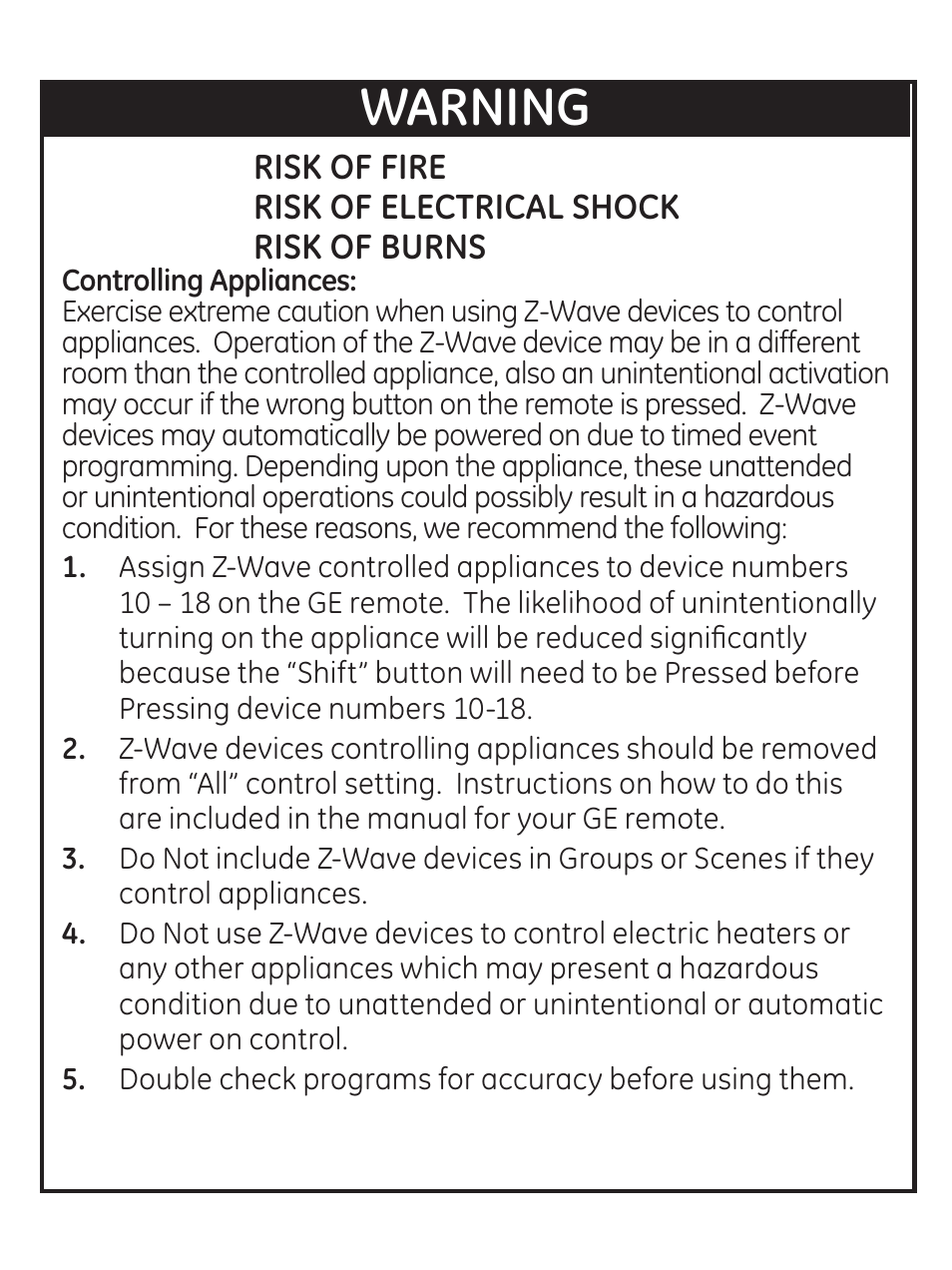 Warning | GE 45631 GE Z-Wave Wireless Keypad Controller User Manual | Page 7 / 20