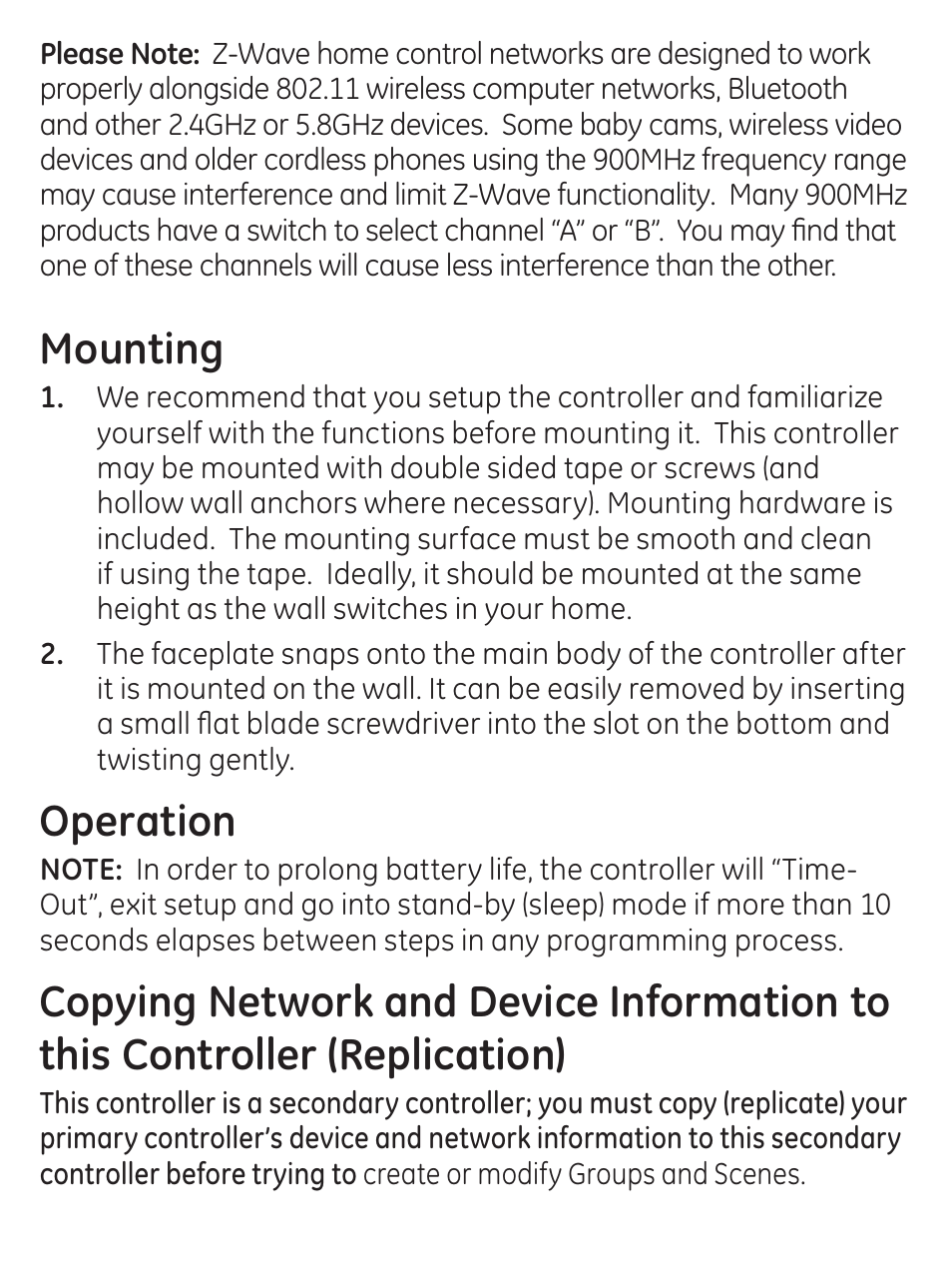 Mounting, Operation | GE 45631 GE Z-Wave Wireless Keypad Controller User Manual | Page 9 / 20