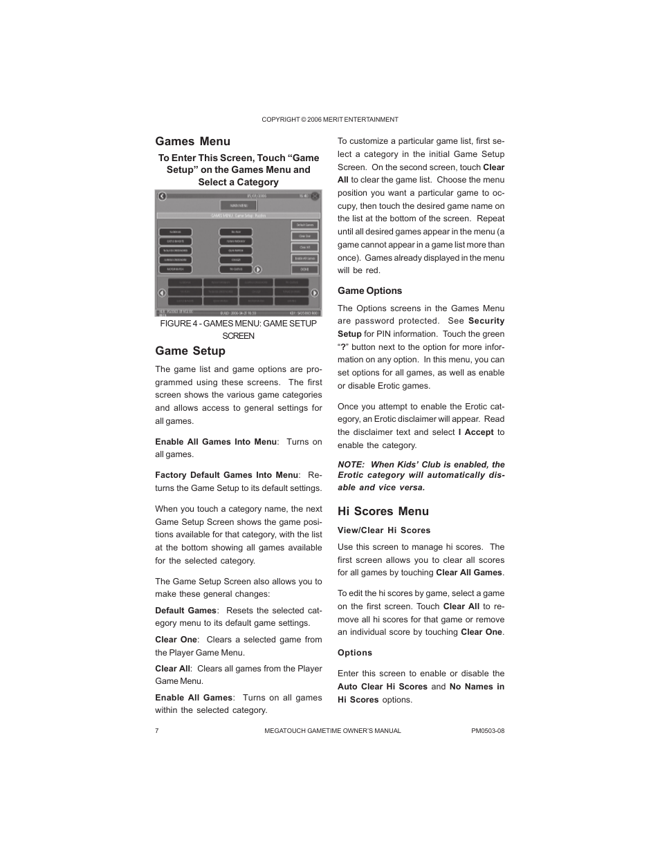 Games menu, Game setup, Hi scores menu | GameTime PM0503-08 User Manual | Page 9 / 34