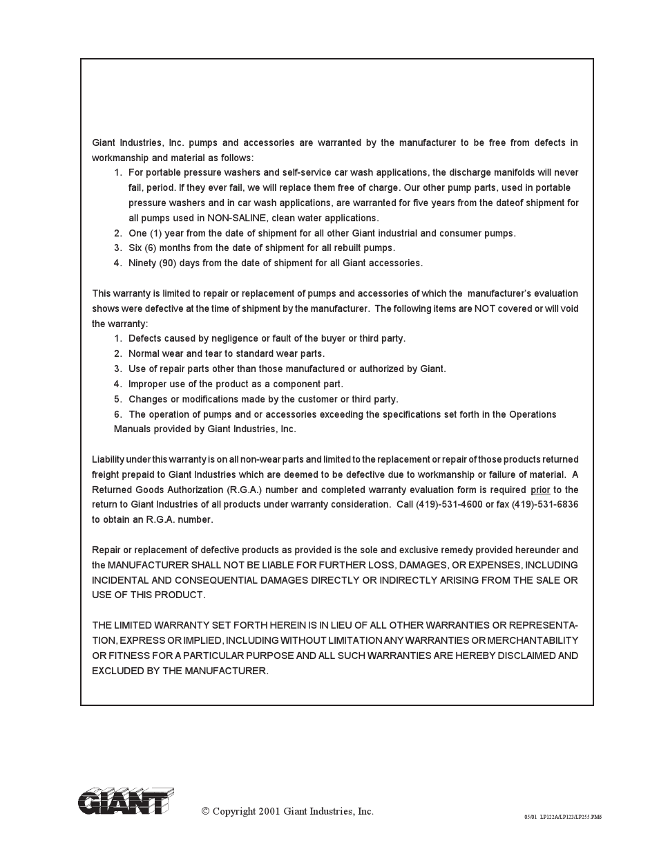 Giant industries limited warranty | Giant LP123 Series User Manual | Page 12 / 12