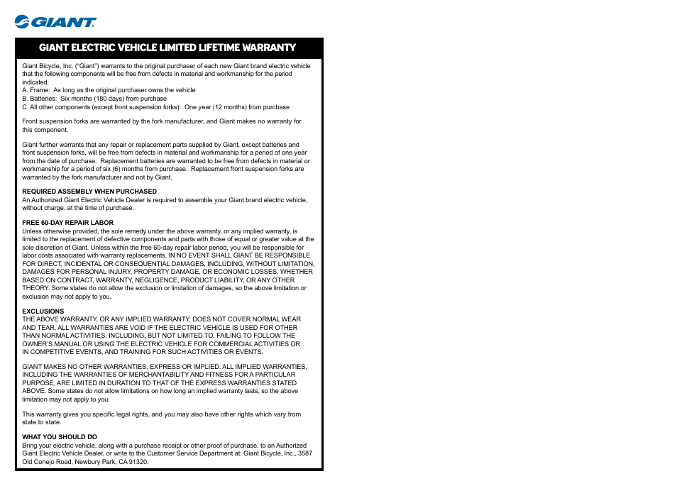 Giant electric vehicle limited lifetime warranty | Giant DX User Manual | Page 10 / 11