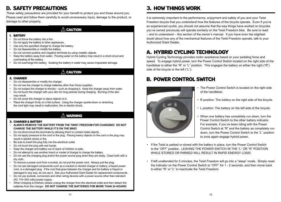 D. safety precautions, A. hybrid cycling technology, B. power control switch | How things work | Giant DX User Manual | Page 7 / 11