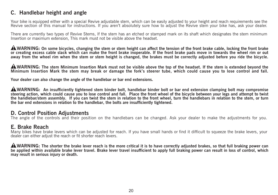 C. handlebar height and angle, D. control position adjustments, E. brake reach | Giant Revive User Manual | Page 21 / 41