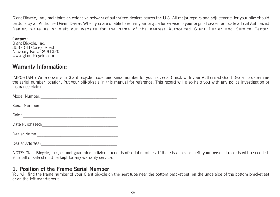 Warranty information, Position of the frame serial number | Giant Revive User Manual | Page 37 / 41