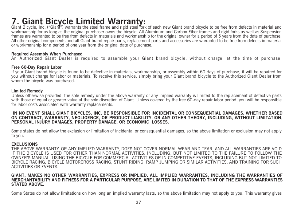 Giant bicycle limited warranty | Giant Revive User Manual | Page 38 / 41