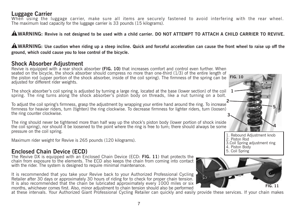 Luggage carrier, Shock absorber adjustment, Enclosed chain device (ecd) | Giant Revive User Manual | Page 8 / 41