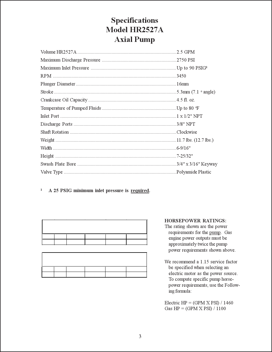 Specifications model hr2527a axial pump | Giant HR2527A User Manual | Page 3 / 12
