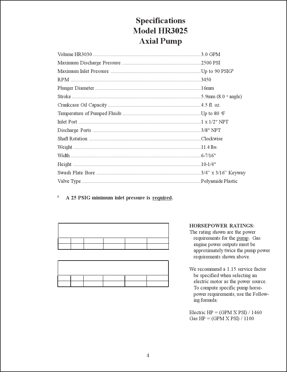 Specifications model hr3025 axial pump | Giant HR2527A User Manual | Page 4 / 12