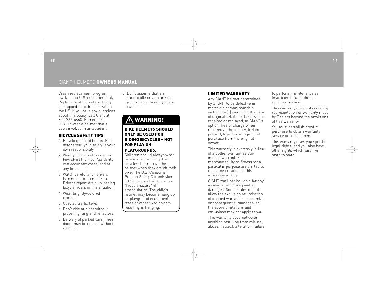 Warning | Giant HELMETS User Manual | Page 6 / 7