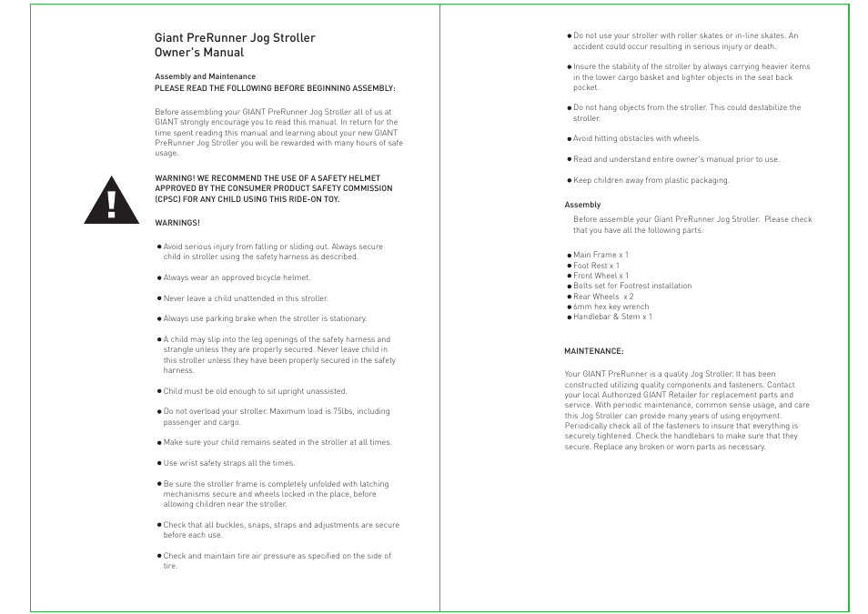 Giant PreRunner Jog Stroller User Manual | 3 pages