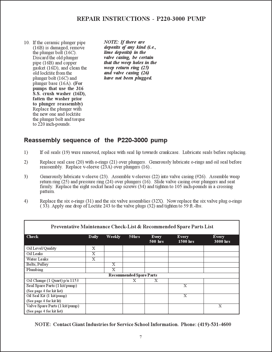 Giant TRIPLEX CERAMIC PLUNGER P220-3000 User Manual | Page 7 / 8