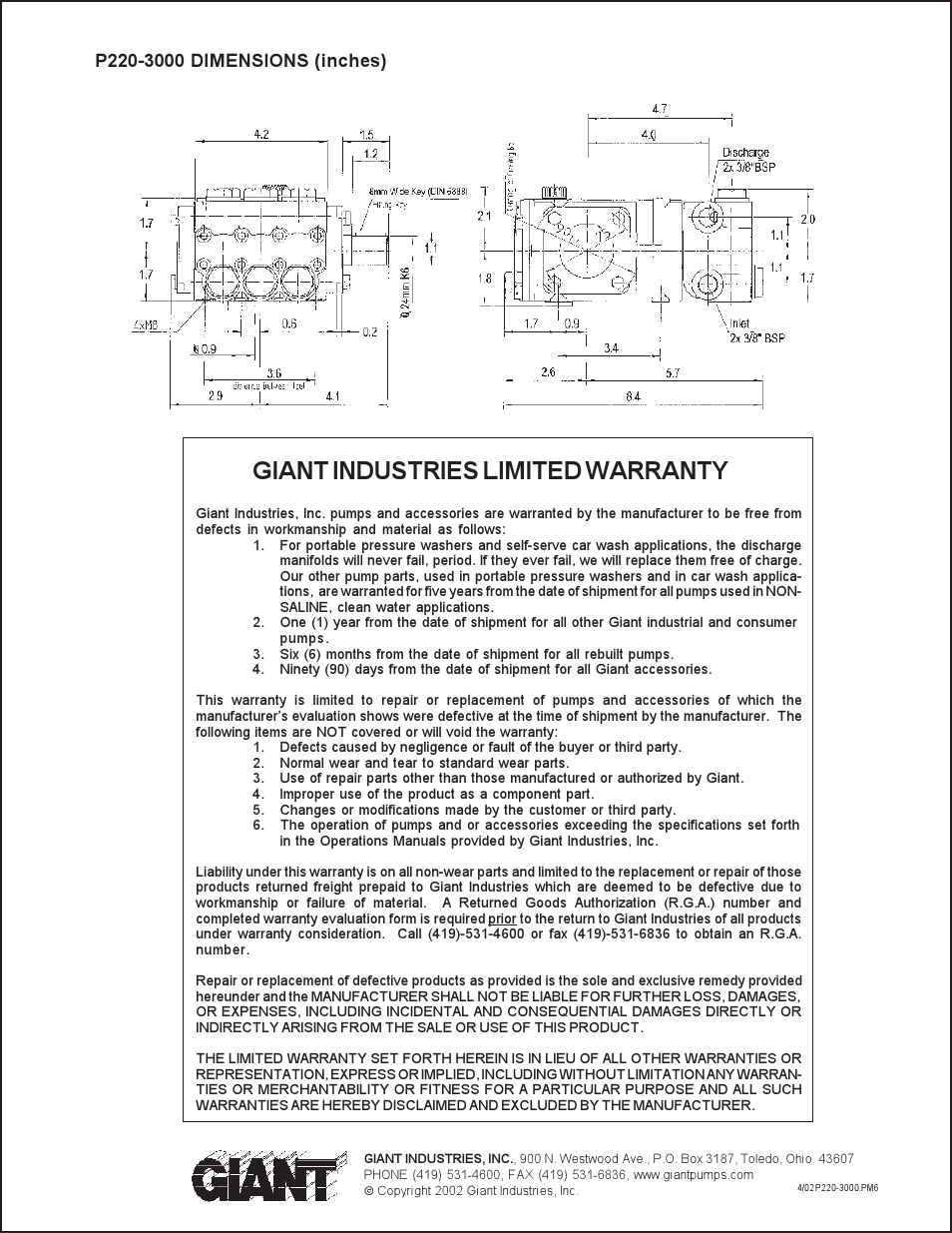 Giant industries limited warranty | Giant TRIPLEX CERAMIC PLUNGER P220-3000 User Manual | Page 8 / 8