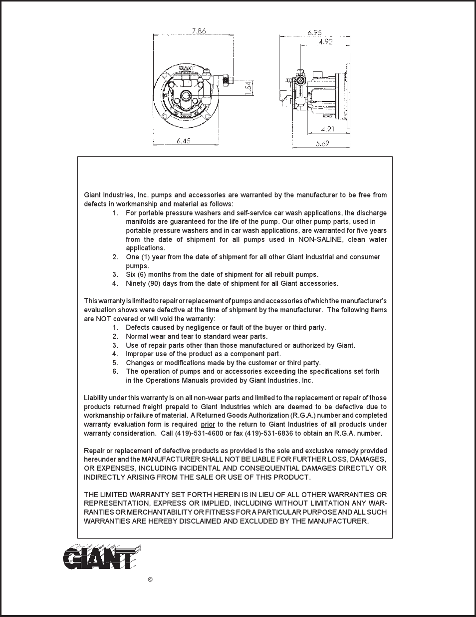 Giant industries limited warranty, Gxr series dimensions (inches) | Giant GXR User Manual | Page 8 / 8