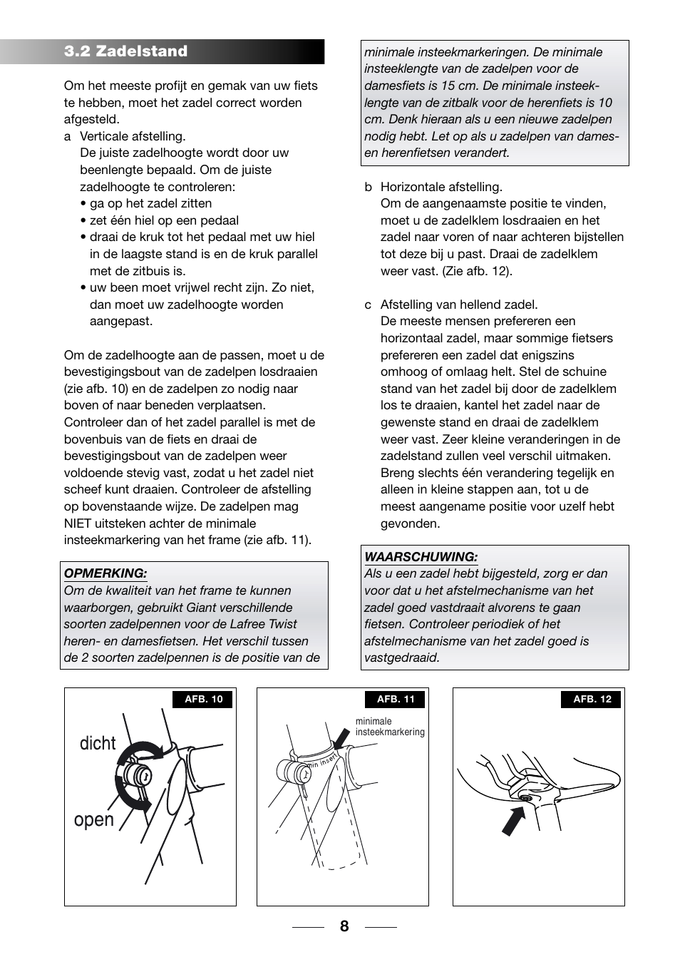 2 zadelstand | Giant TwisT 2002 Motorized Bicycle User Manual | Page 10 / 148