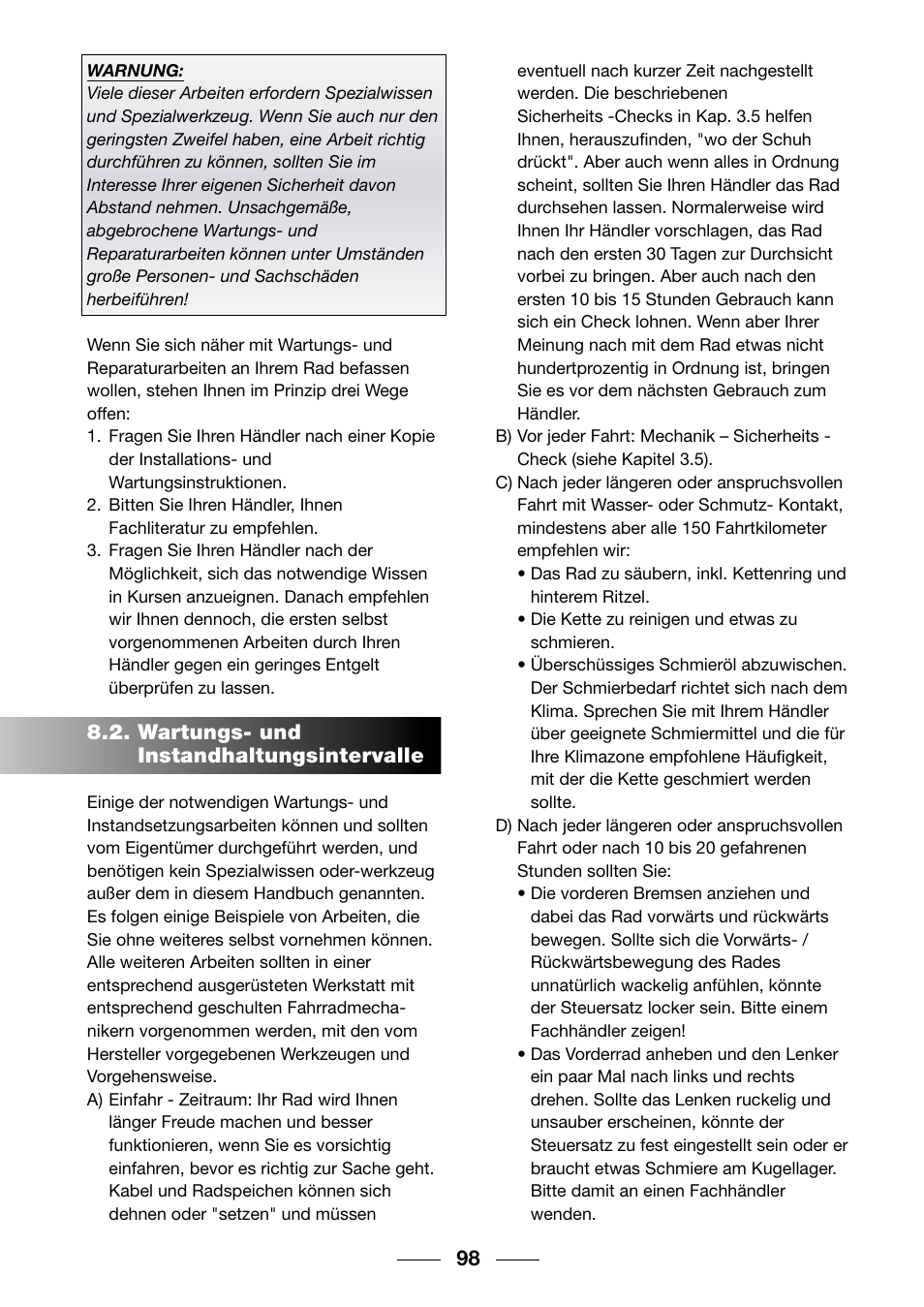 Wartungs- und instandhaltungsintervalle | Giant TwisT 2002 Motorized Bicycle User Manual | Page 100 / 148