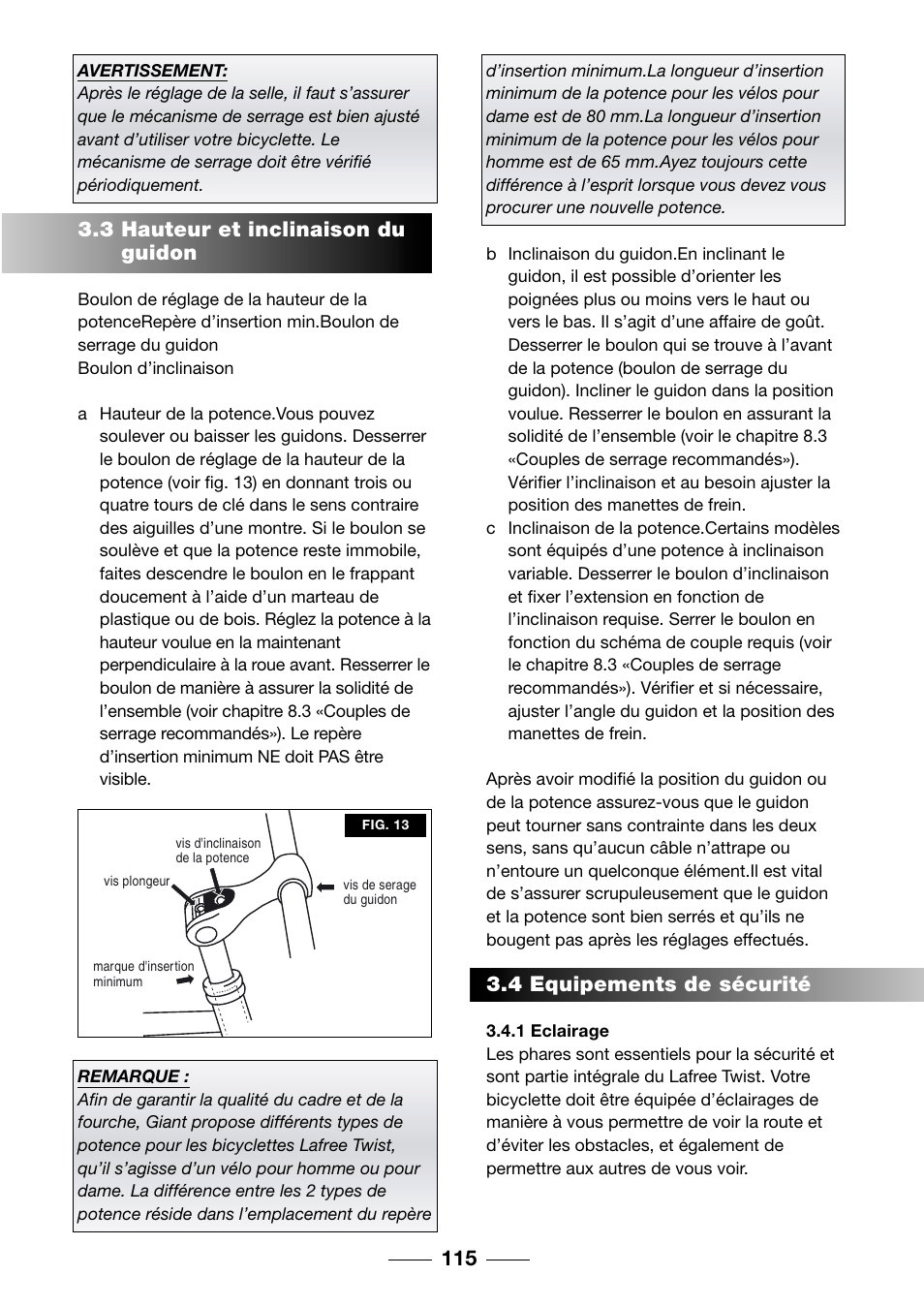 3 hauteur et inclinaison du guidon, 4 equipements de sécurité | Giant TwisT 2002 Motorized Bicycle User Manual | Page 117 / 148