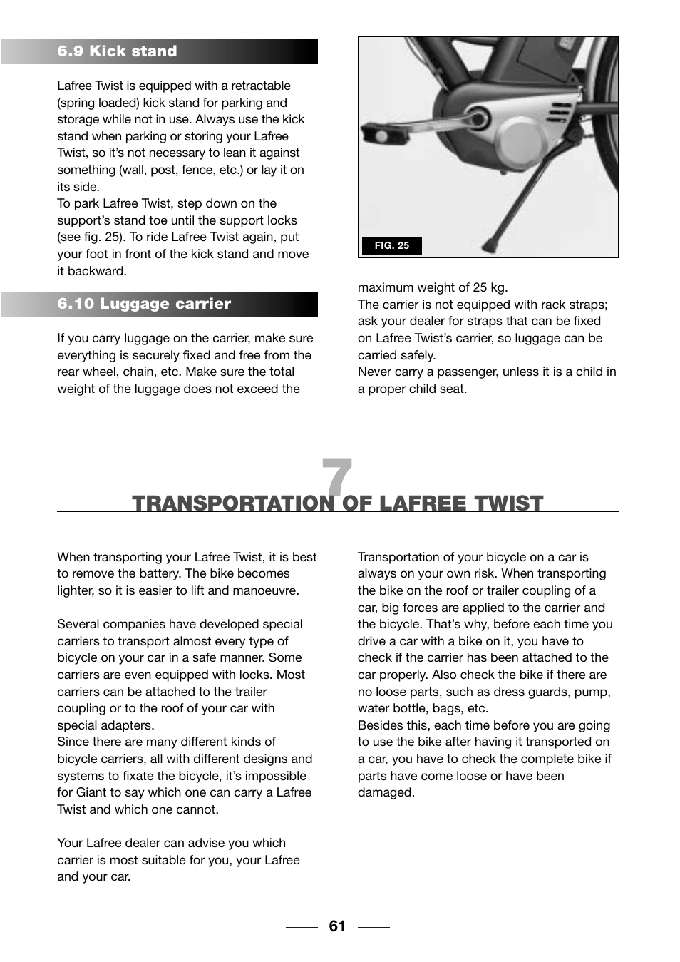 Transportation of lafree twist | Giant TwisT 2002 Motorized Bicycle User Manual | Page 63 / 148