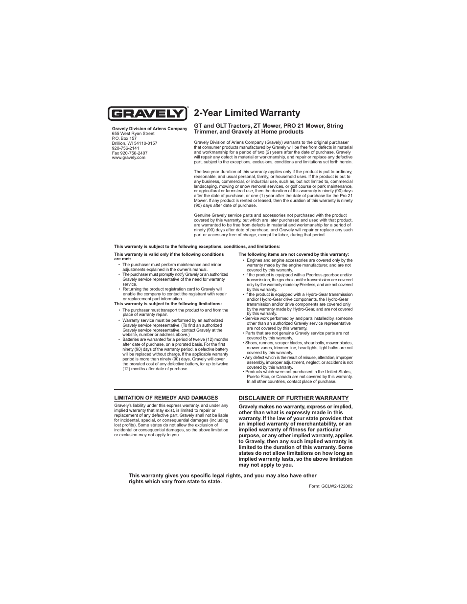 Year limited warranty, Gb - 26 | Gravely 927064-1440 User Manual | Page 26 / 28