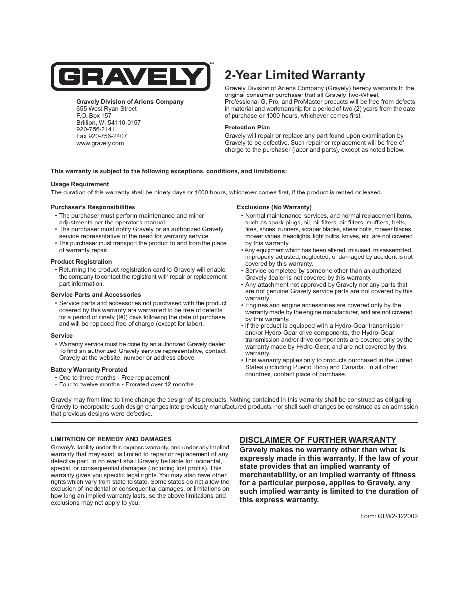 Year limited warranty, Disclaimer of further warranty | Gravely Promaster 992066 User Manual | Page 28 / 29