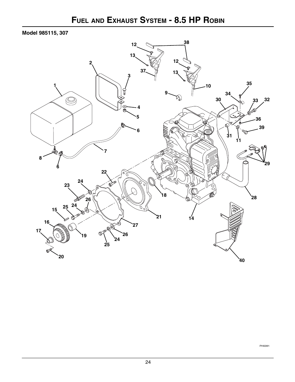 Fuel and exhaust system - 8.5 hp robin, 5 hp r | Gravely 985117 User Manual | Page 24 / 36