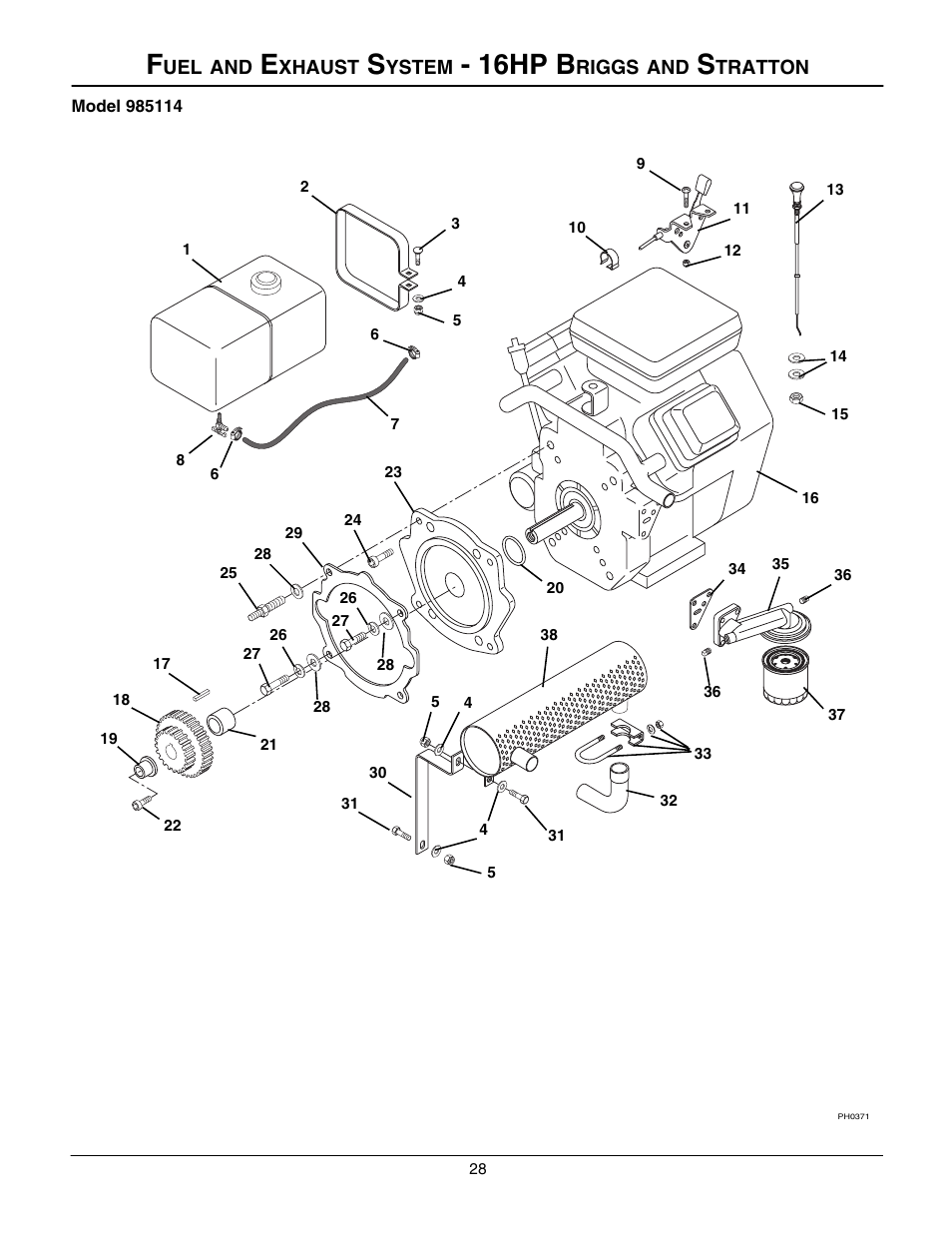 Fuel and exhaust system - 16hp briggs and stratton, 16hp b | Gravely 985117 User Manual | Page 28 / 36