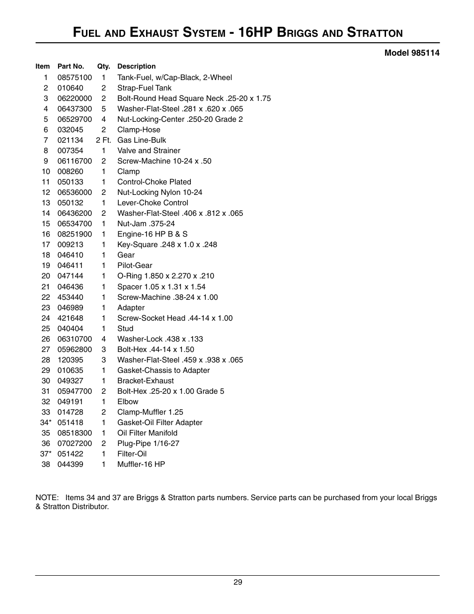 Fuel and exhaust system - 16hp briggs and stratton, 16hp b | Gravely 985117 User Manual | Page 29 / 36