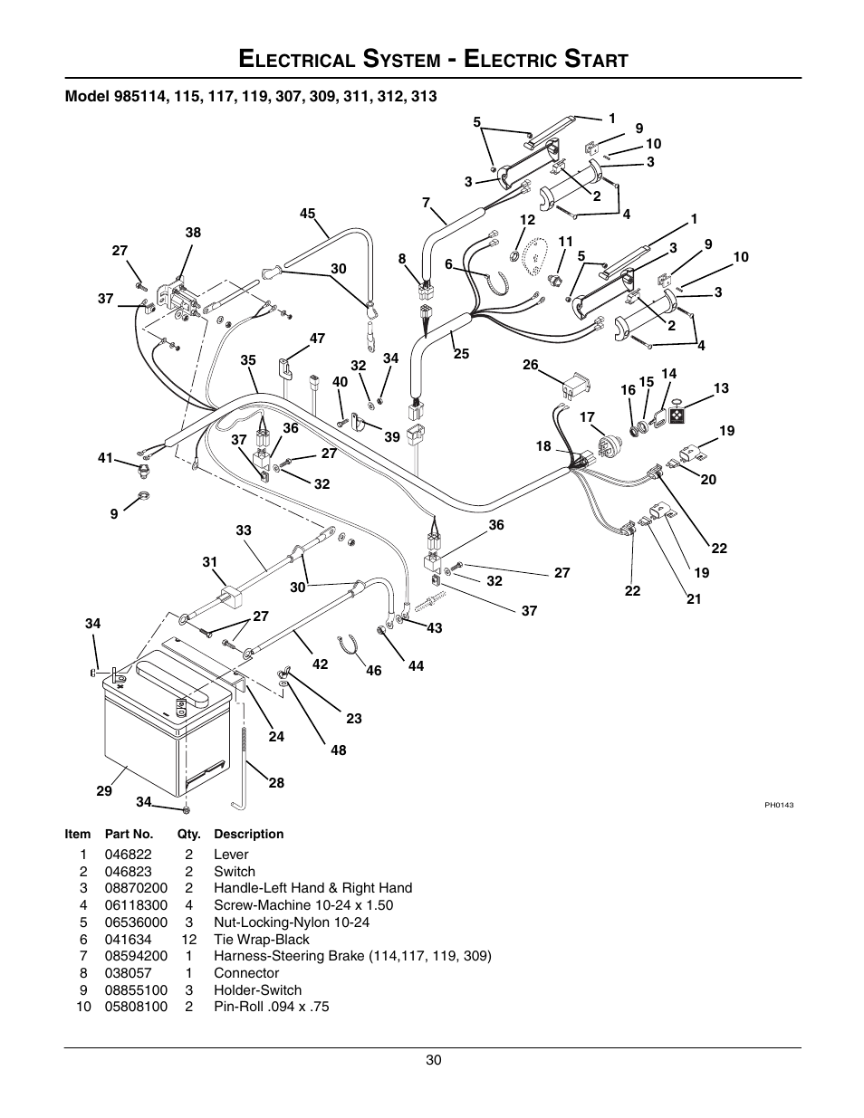Electrical system - electric start, Lectrical, Ystem | Lectric, Tart | Gravely 985117 User Manual | Page 30 / 36