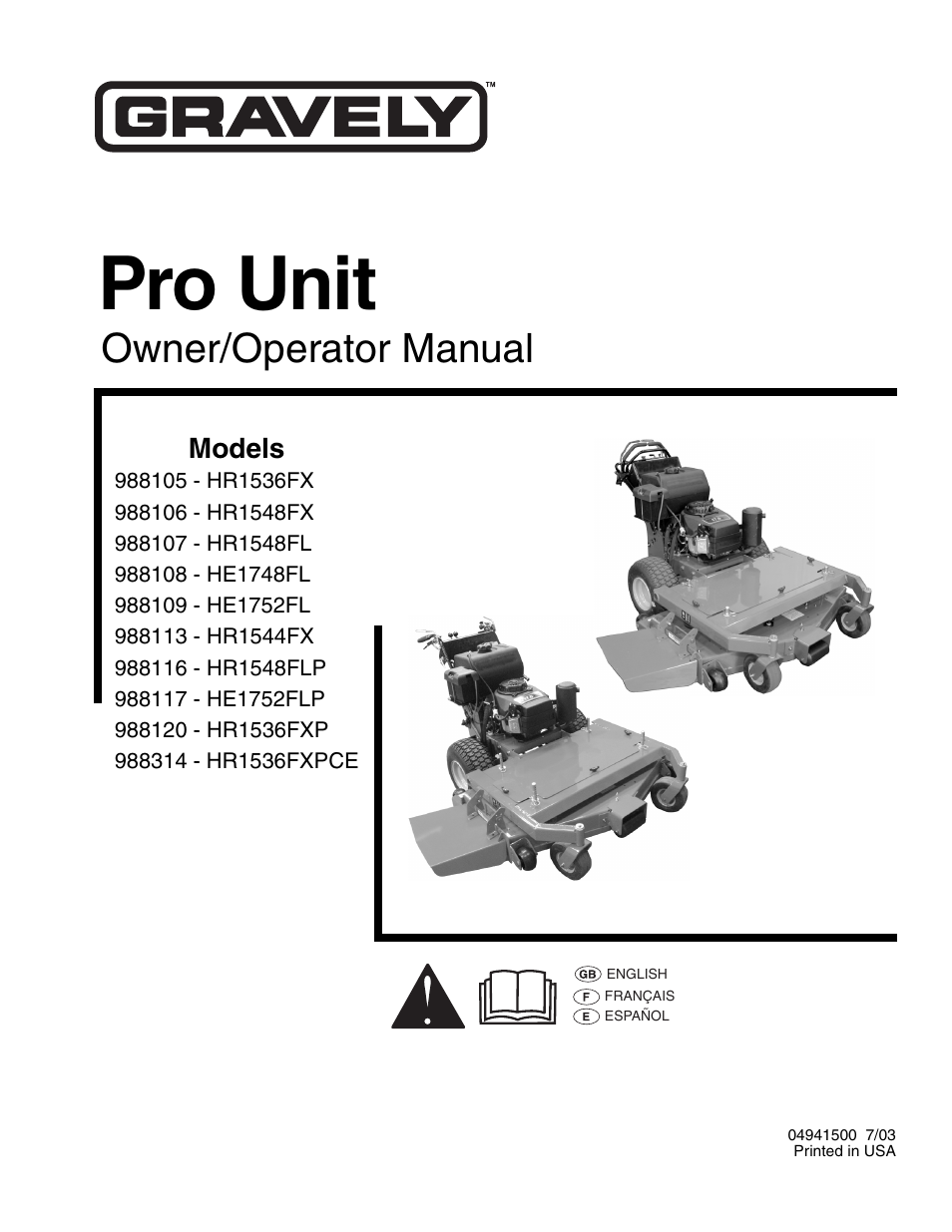 Gravely 988117 - HR1536FX User Manual | 33 pages