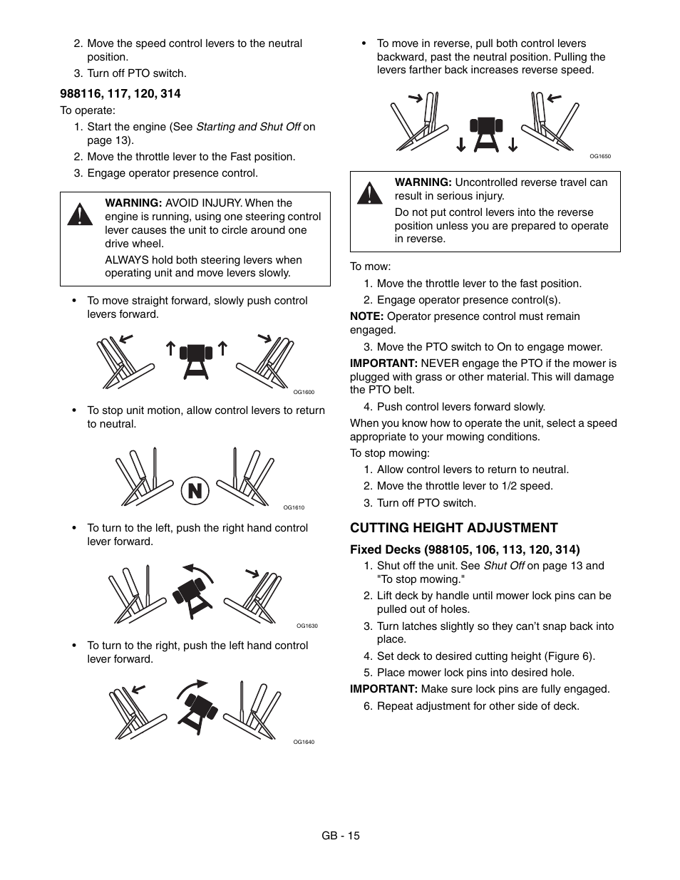 Cutting height adjustment | Gravely 988117 - HR1536FX User Manual | Page 15 / 33