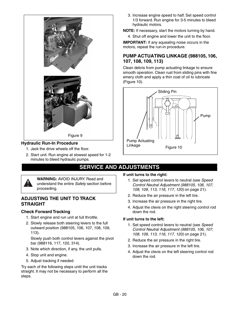 Service and adjustments, Adjusting, The unit to track straight | Gravely 988117 - HR1536FX User Manual | Page 20 / 33