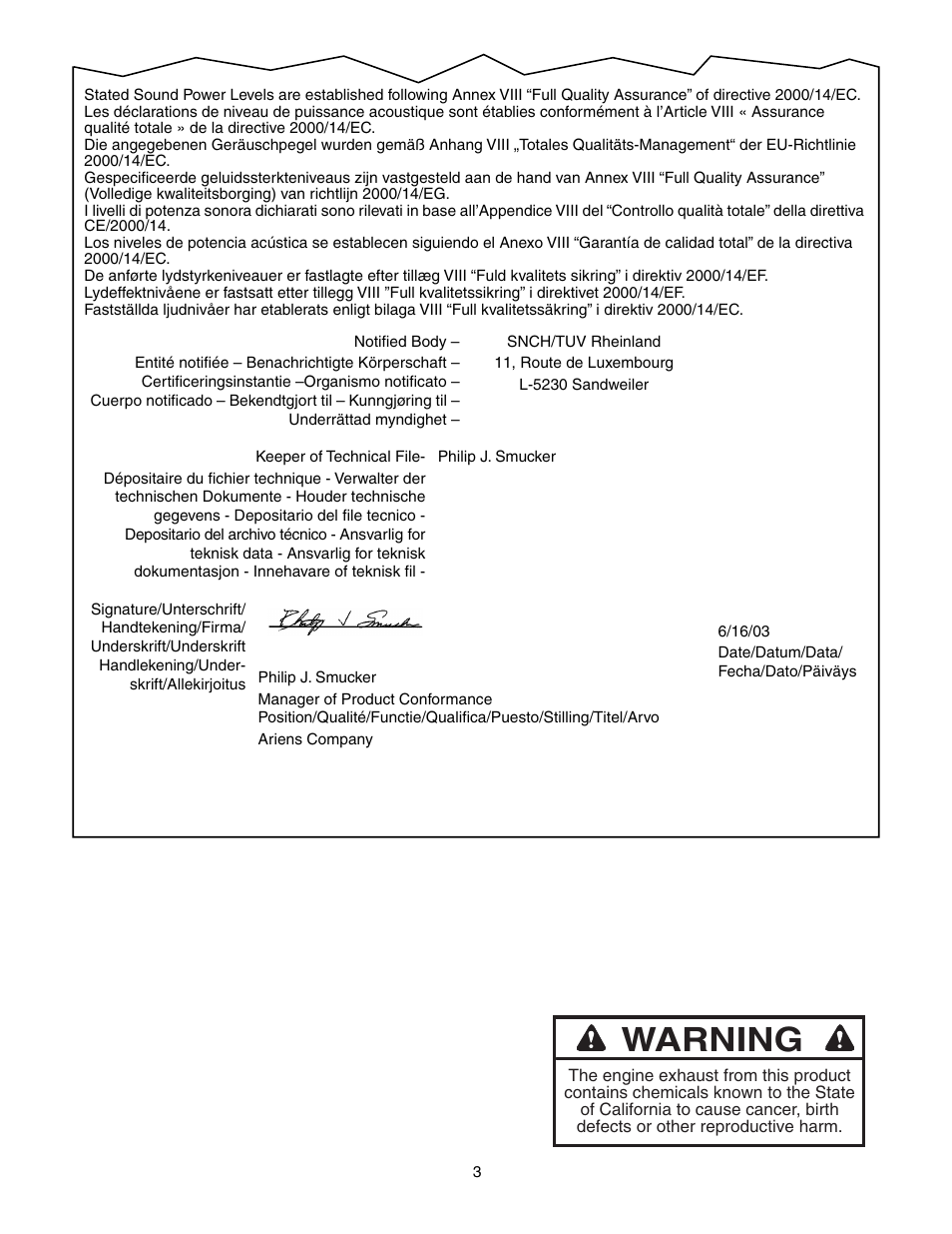 Warning | Gravely 988117 - HR1536FX User Manual | Page 3 / 33