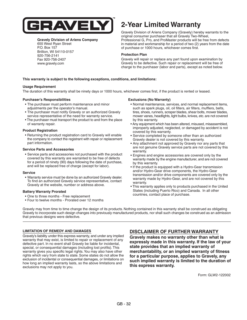 Year limited warranty, Disclaimer of further warranty | Gravely 988117 - HR1536FX User Manual | Page 32 / 33