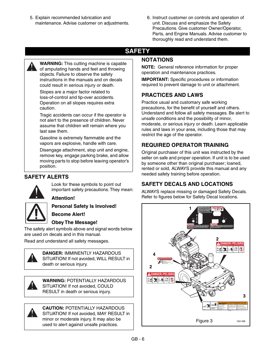 Safety, Safety alerts, Notations | Practices and laws, Required operator training, Safety decals and locations | Gravely 988117 - HR1536FX User Manual | Page 6 / 33