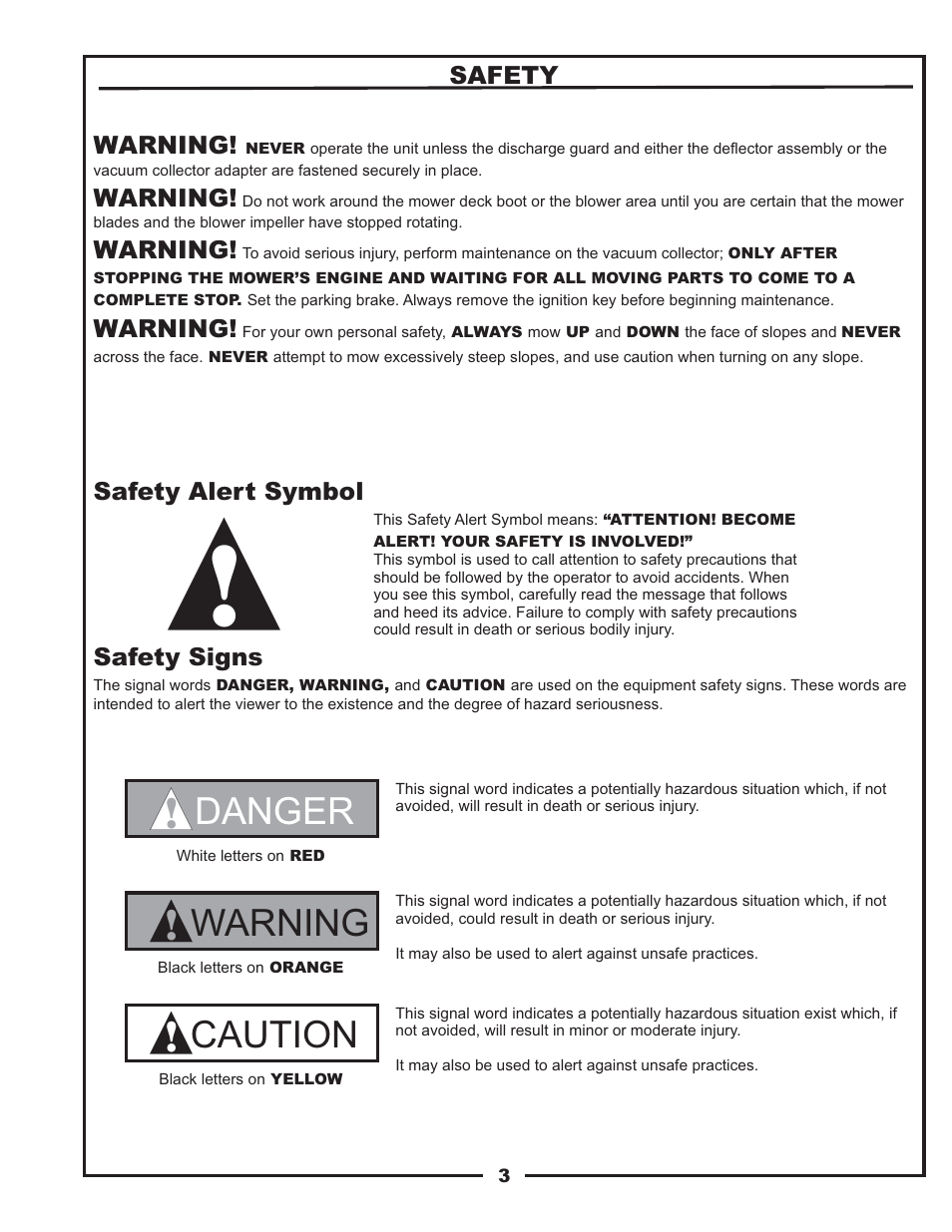 Danger, Warning, Caution | Gravely 12031301 User Manual | Page 3 / 20