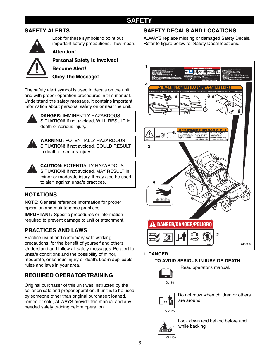 Safety, Safety alerts, Notations | Practices and laws, Required operator training, Safety decals and locations | Gravely 915015 - 1742 ZT User Manual | Page 6 / 34