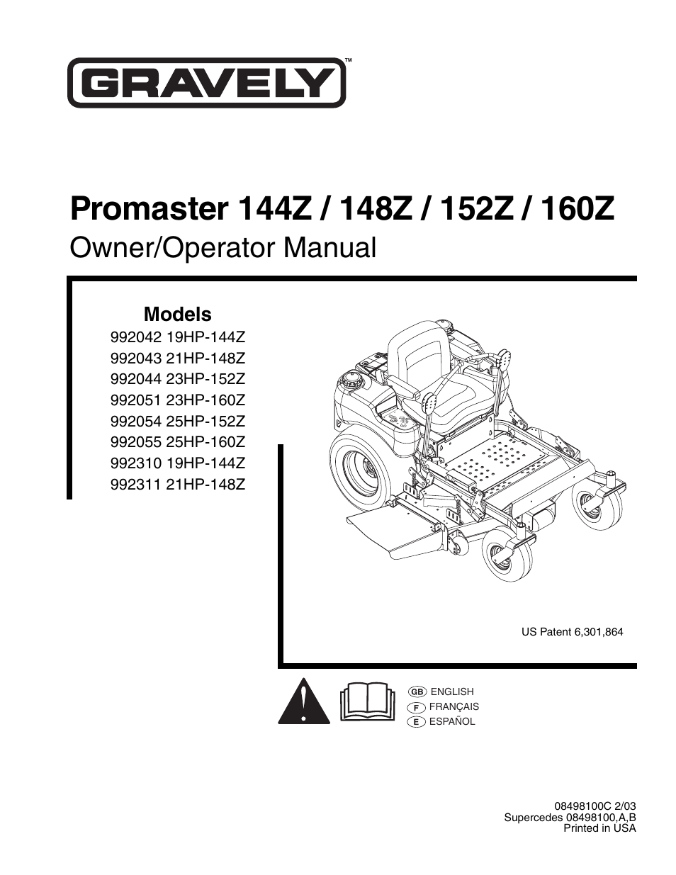 Gravely 992042 19HP-144Z User Manual | 27 pages