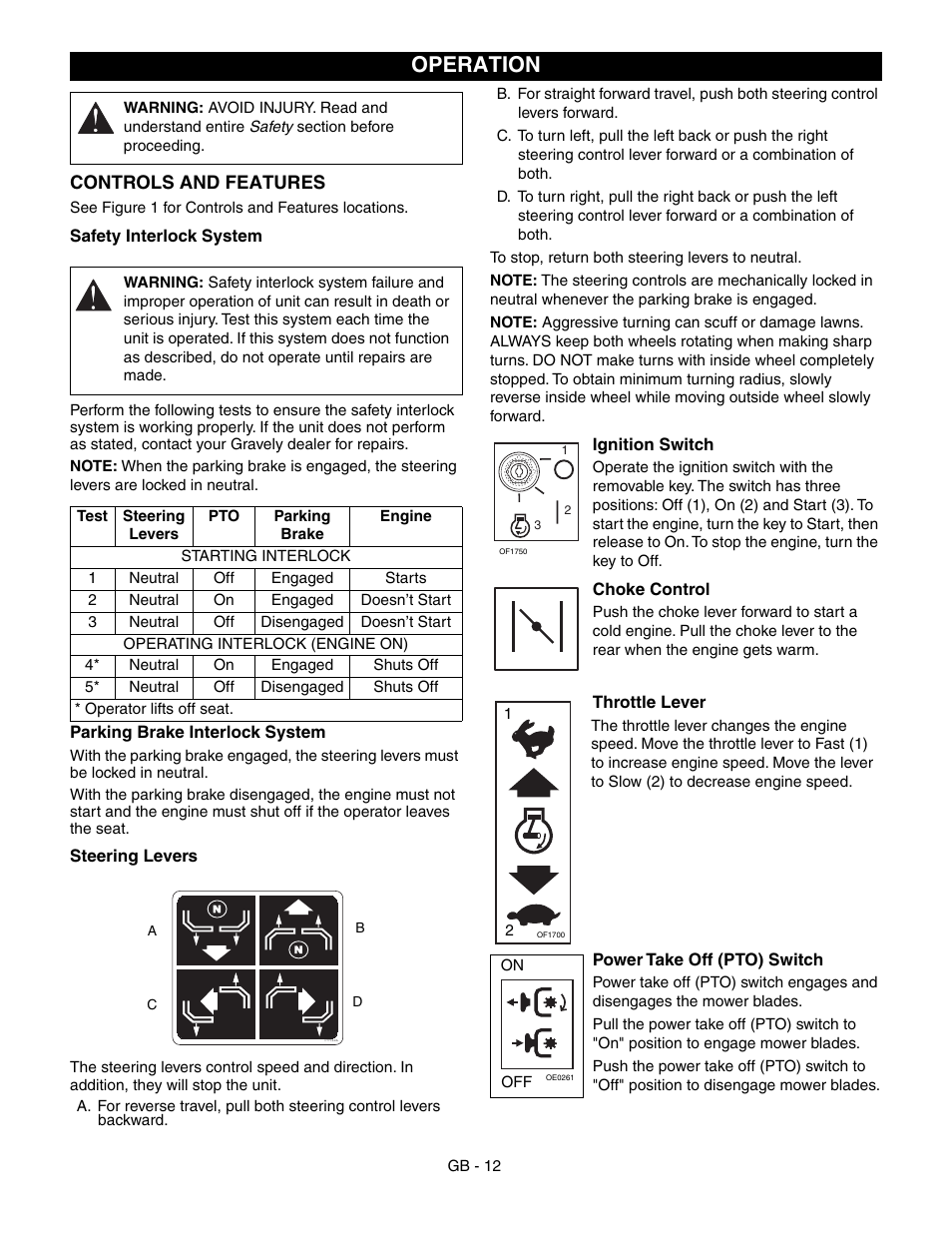 Operation, Parking brake interlock system, Safety interlock system | Ates correctly (see, Safety, Interlock system | Gravely 992042 19HP-144Z User Manual | Page 12 / 27