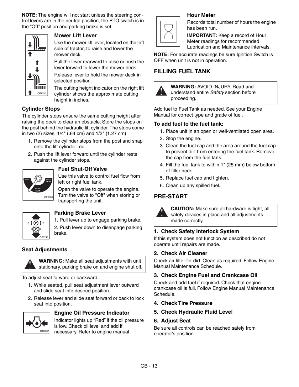 Filling fuel tank, Pre-start | Gravely 992042 19HP-144Z User Manual | Page 13 / 27