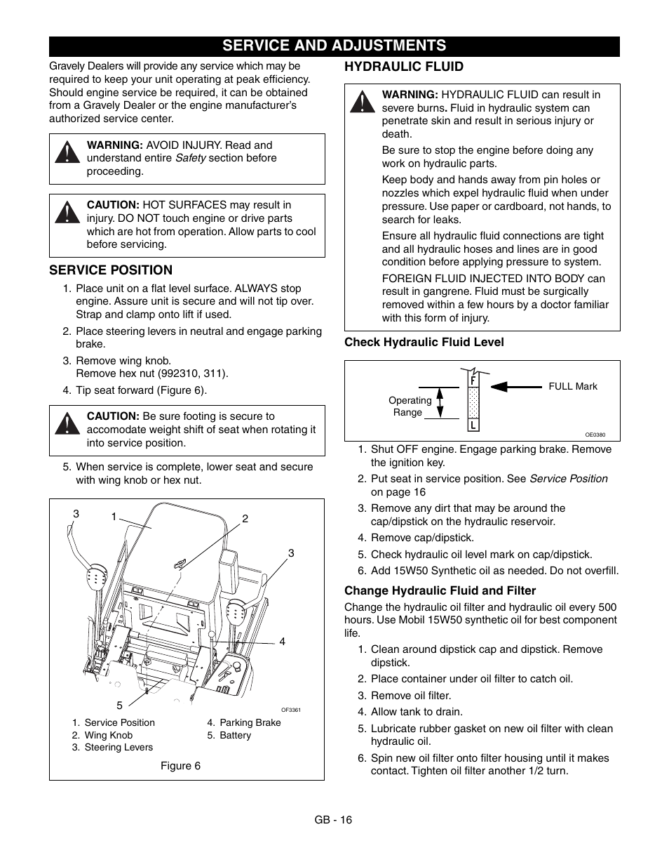 Service and adjustments, Vice position (see service | Gravely 992042 19HP-144Z User Manual | Page 16 / 27