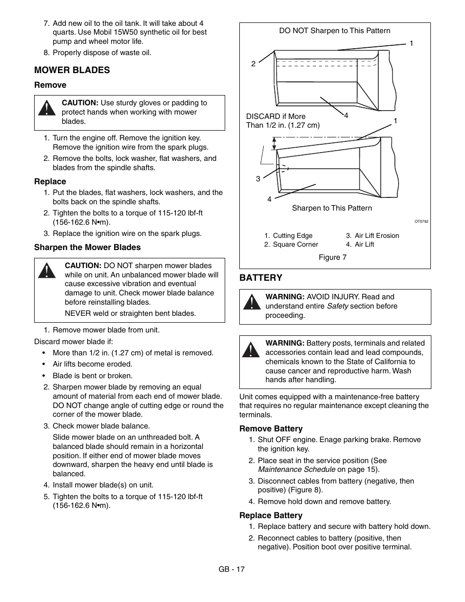 Y from unit and charge (see, Battery | Gravely 992042 19HP-144Z User Manual | Page 17 / 27