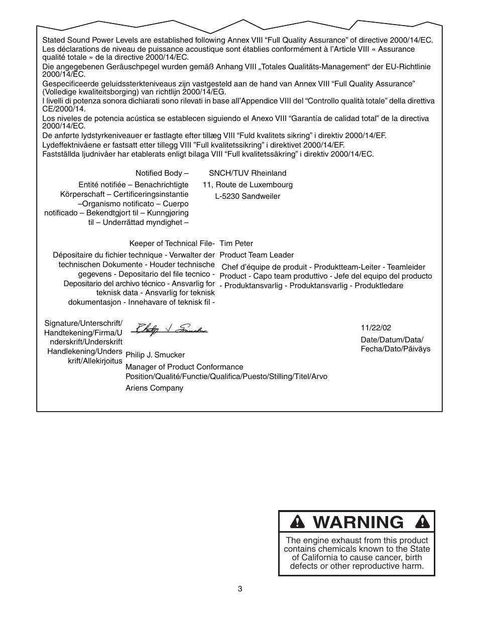 Warning | Gravely 992042 19HP-144Z User Manual | Page 3 / 27