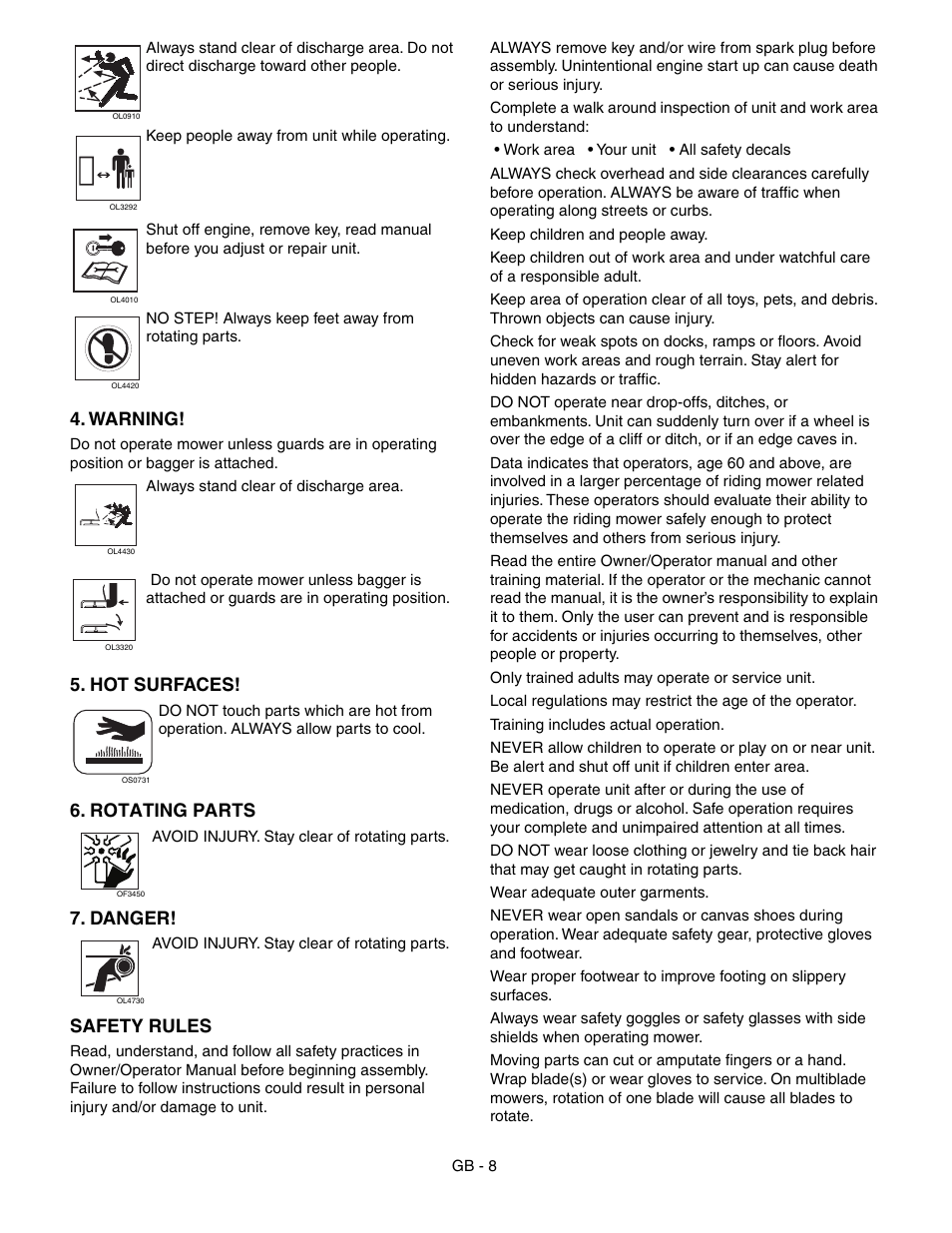 Warning, Hot surfaces, Rotating parts | Danger, Safety rules | Gravely 992042 19HP-144Z User Manual | Page 8 / 27